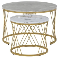 Modernes Nesting Couchtisch-Set, 2er Set, MDF mit Marmormuster, runde Endtische, stabiler Metallrahmen, 70×70×45 cm, Grau(m-10)