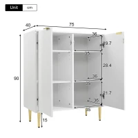 Sideboard mit 2 Türen, Kommode für Wohnzimmer, Bad- und Schlafzimmer, vergoldete Füße und Griff, florales Muster, stoßsicheres Eckdesign, 3 Einlegeböden, 6 Fächer, 75Lx40Bx90H, Golden+Weiß(m-3)