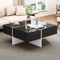 Table basse élégante en finition brillante avec compartiment de rangement intégré et 4 tiroirs,  70×70×35 cm, Noir Blanc(m-4)
