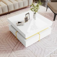 Couchtisch weiß hochglanz 70x70 cm mit goldenen Akzenten und Schubladen für Wohnzimmer moderner Haushalte(m-1)