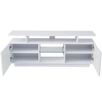 Meuble TV moderne avec éclairage LED 16 couleurs,  surface brillante,  étagères en verre et 5 compartiments ouverts,  140×35×61 cm, Blanc(m-7)