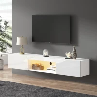 Meuble mural brillant pour TV de 70 pouces, avec éclairage LED et contrôle via application Bluetooth,  160×31×22 cm, Blanc(m-5)