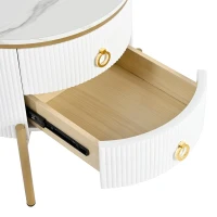 Tavolino con cassetti, texture di marmo, gambe e maniglie dorate, 50×50×51 cm, Bianco(m-8)