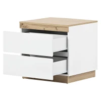 Table de chevet avec deux tiroirs, commode de nuit en panneau de particules, beaucoup d'espace de rangement, Blanc+Chêne(m-9)