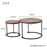 Table basse ronde 2 pièces,  table d'appoint imbriquée avec plateau en MDF et cadre en acier ferreux, Marron(m-3)