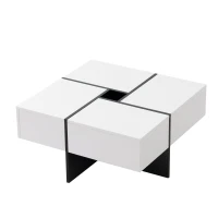Table basse élégante en finition brillante avec 4 tiroirs,  compartiment de rangement intégré et haute stabilité,  70×70×35 cm, Blanc+Noir(m-2)