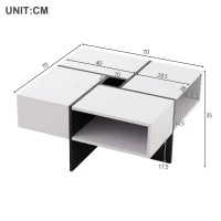 Table basse carrée moderne,  5 compartiments ouverts,  compartiment de rangement central 10x10 cm, 70x70x35 cm, Noir Blanc(m-3)