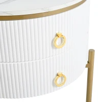 Tavolino con cassetti, texture di marmo, gambe e maniglie dorate, 50×50×51 cm, Bianco(m-7)