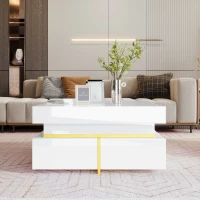 Couchtisch weiß hochglanz 70x70 cm mit goldenen Akzenten und Schubladen für Wohnzimmer moderner Haushalte(m-5)