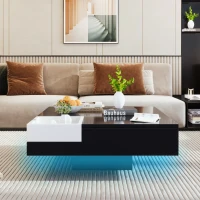 Quadratischer Couchtisch mit LED-Lichteffekt und abnehmbarer Aufbewahrungsbox, Schwarz(m-6)