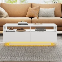 LED Hochglanz Couchtisch mit 2 Schubladen, Modern Center Table mit LED-Lichtern in 16 Farben und USB, 95×50×35 cm, Weiß(m-4)