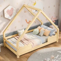Lit maison pour enfants 80×160 cm avec barrière de sécurité, lit de jeu pour adolescents en bois massif, inclus sommier à lattes, Naturel(m-5)