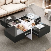 Table basse élégante en finition brillante avec compartiment de rangement intégré et 4 tiroirs,  70×70×35 cm, Noir Blanc(m-6)