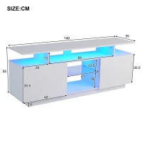 Meuble TV moderne avec éclairage LED 16 couleurs,  surface brillante,  étagères en verre et 5 compartiments ouverts,  140×35×61 cm, Blanc(m-3)