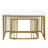 Ensemble de 2 tables basses carrées en marbre à haute brillance,  tables gigognes avec pieds dorés, Blanc(m-8)