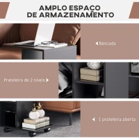 HOMCOM Mesa Auxiliar Moderna Mesa Auxiliar em Forma de C com Rodas e Prateleiras Abertas 45x35x58 cm Preto(m-4)