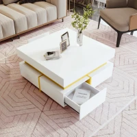 Couchtisch weiß hochglanz 70x70 cm mit goldenen Akzenten und Schubladen für Wohnzimmer moderner Haushalte(m-4)