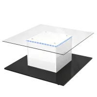 Moderner Couchtisch aus Hochglanzglas mit verstellbarem LED-Lichtstreifen und Lenkrollen, 80×80×40 cm, Weiß+Schwarz(m-12)
