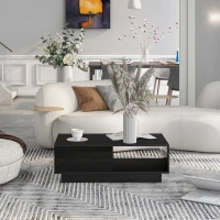Table basse moderne en finition brillante avec éclairage LED,  15 couleurs,  1 tiroirs et 2 étagères,  95×55×32 cm, Noir(m-4)