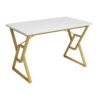 Tavolo da pranzo con gambe in metallo, effetto marmorizzato, struttura in metallo stabile, 119×70×75 cm,Bianco+Oro(m-2)