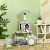 PawHut Arranhador para Gatos Torre para Gatos com Ninho Caverna Plataforma Arranhador Bola Suspensa 48x40x110 cm Cinza Claro(m-2)