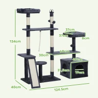 PawHut Arranhador para Gatos 134 cm com Caverna Plataformas Bolas de Jogar e Postes de Sisal 124,5x40x134 cm Cinza Escuro(m-3)