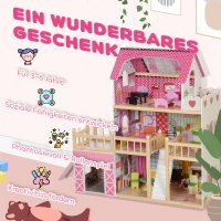 AIYAPLAY Poppenhuis, 3 Verdiepingen, 13 Meubelstukken, Garage, Glijbanen & Balkon, 114 x 32 x 92 cm, Roze(m-7)