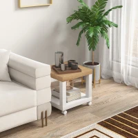 HOMCOM Mesa Auxiliar com Rodas Mesa Auxiliar com Prateleira Aberta para Sofá Dormitório 40x40x40 cm Branco e Madeira(m-9)