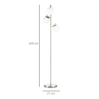 HOMCOM Lampă de Podea Modernă cu 3 Puncte de Iluminat, Lampă de Podea din Metal și Sticlă, Ø27x169 cm, Argintiu(m-3)