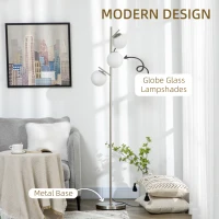 HOMCOM Lampă de Podea Modernă cu 3 Puncte de Iluminat, Lampă de Podea din Metal și Sticlă, Ø27x169 cm, Argintiu(m-4)