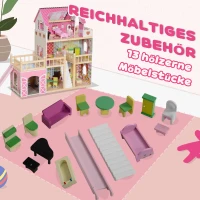 AIYAPLAY Poppenhuis, 3 Verdiepingen, 13 Meubelstukken, Garage, Glijbanen & Balkon, 114 x 32 x 92 cm, Roze(m-6)