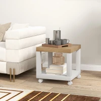 HOMCOM Mesa Auxiliar com Rodas Mesa Auxiliar com Prateleira Aberta para Sofá Dormitório 40x40x40 cm Branco e Madeira(m-2)