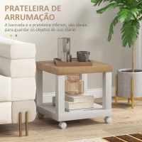 HOMCOM Mesa Auxiliar com Rodas Mesa Auxiliar com Prateleira Aberta para Sofá Dormitório 40x40x40 cm Branco e Madeira(m-6)