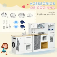 HOMCOM Cozinha Infantil de Madeira Cozinha para Crianças acima de 3 Anos com Luz Sons Máquina de Café Frigorífico Lavatório Branca(m-8)