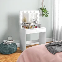 HOMCOM Kaptafel met Verlichte Spiegel, Laden, 3 Lichtopties, 10 Lampen, Hedendaagse Witte Make-uptafel(m-7)