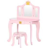HOMCOM Tocador Infantil de Madera con Taburete y Espejos Mesa de Maquillaje para 3-6A  Estilo Princesa 79x48x103 cm Rosa(m-10)