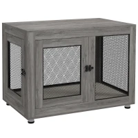 PawHut Gaiola para Cães de Madeira Mesa de Centro l com 2 Portas com Fechadura Almofada de Tecido Oxford 94x60x71,5 cm Cinza(m-10)