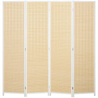 HOMCOM Biombo de 4 Painéis Dobrável Separador de Ambientes Tecido a Mão de Bambu e Fio de Algodão 180x180 cm Branco(m-10)