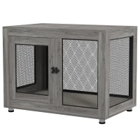 PawHut Gaiola para Cães de Madeira Mesa de Centro l com 2 Portas com Fechadura Almofada de Tecido Oxford 94x60x71,5 cm Cinza(m-11)
