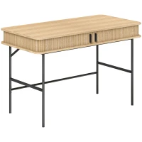 HOMCOM Biurko w stylu retro z dekorem lameli, przegródki do przechowywania, nogi ze stali, 120 x 60 x 76,5 cm, Dąb/Czarny(m-10)