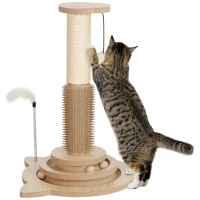 PawHut 49cm 5 in 1 Cat Scratching Post with Sisal Post, Track Ball, Self Grooming Brush, Hanging Toy Ball, Feather, Oak Tone(m-1)