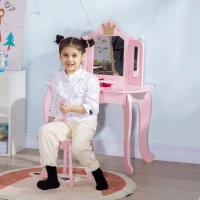 HOMCOM Tocador Infantil de Madera con Taburete y Espejos Mesa de Maquillaje para 3-6A  Estilo Princesa 79x48x103 cm Rosa(m-7)