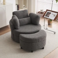 Teddy Swivel Armchair with 3 Back Cushions and Crescent Ottoman Stool, 360° Swivel Recliner Sofa, 107L x 105W x 82H cm, Medium Grey(m-1)