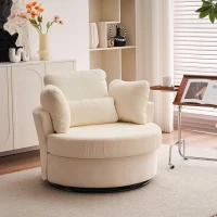 Chenille Swivel Armchair with 3 Back Cushions and Crescent Ottoman Stool, 360° Swivel Recliner Sofa, 107L x 105W x 82H cm, Ivory(m-9)