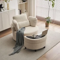 Teddy Swivel Armchair with 3 Back Cushions and Crescent Ottoman Stool, 360° Swivel Recliner Sofa, 107L x 105W x 82H cm, White(m-5)