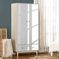 HOMCOM Dulap haine, cu 2 sertare si cuier, cu 2 usi cu 4 compartimente,din lemn si alb, 90x50x190cm(m-9)