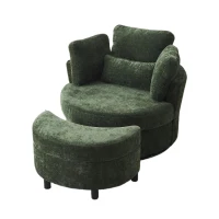 Chenille Swivel Armchair with 3 Back Cushions and Crescent Ottoman Stool, 360° Swivel Recliner Sofa, 107L x 105W x 82H cm, Green(m-10)