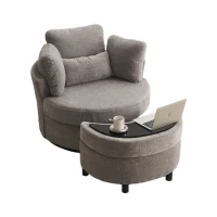 Chenille Bedroom Chairs with 3 Back Cushions and Crescent Ottoman Stool, 360° Swivel Armchair, 107L x 105W x 82H cm, Grey(m-9)