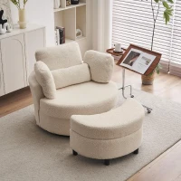 Teddy Swivel Armchair with 3 Back Cushions and Crescent Ottoman Stool, 360° Swivel Recliner Sofa, 107L x 105W x 82H cm, White(m-1)