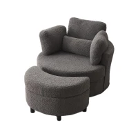 Teddy Swivel Armchair with 3 Back Cushions and Crescent Ottoman Stool, 360° Swivel Recliner Sofa, 107L x 105W x 82H cm, Medium Grey(m-10)
